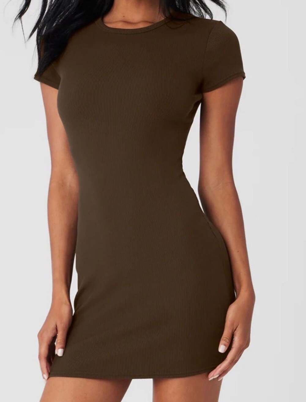 Alo Yoga Ribbed Short Sleeve Mini Dress Espresso Brown Size Small - Picture 1 of 6